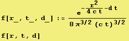 f[r_, t_, d_] := e^(-r^2/(4 c t) - d t)/(8 π^(3/2) (c t)^(3/2)) f[r, t, d] 