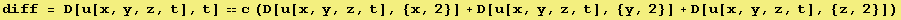 diff = D[u[x, y, z, t], t] ⩵c (D[u[x, y, z, t], {x, 2}] + D[u[x, y, z, t], {y, 2}] + D[u[x, y, z, t], {z, 2}])
